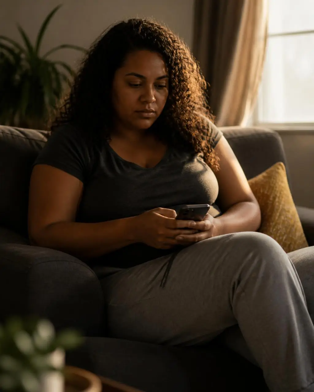 Mulher em casa olhando para o celular, sem ânimo para treinar