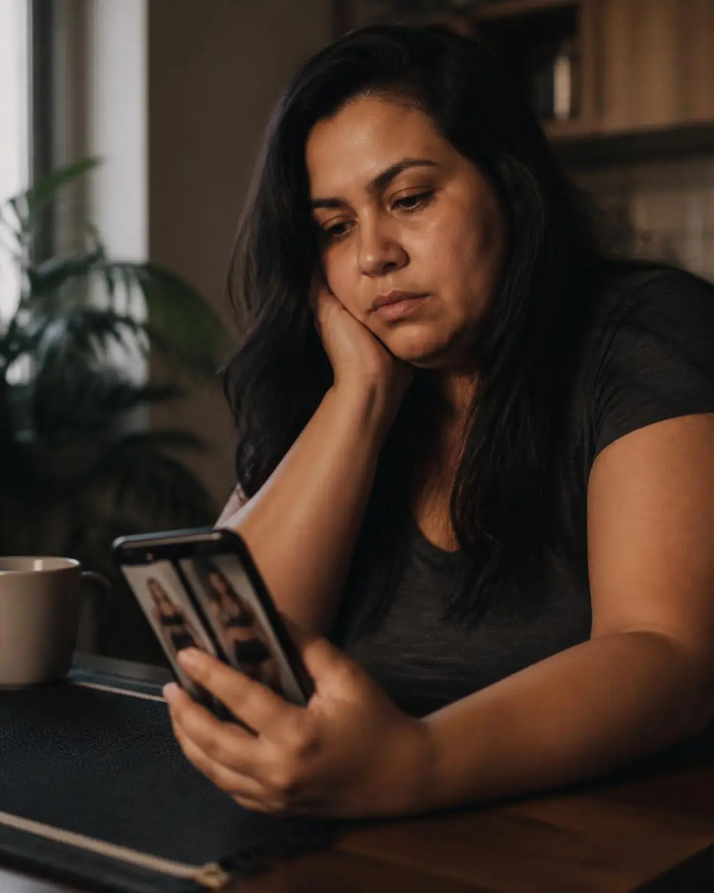 Mulher se comparando com fotos de outras mulheres no celular