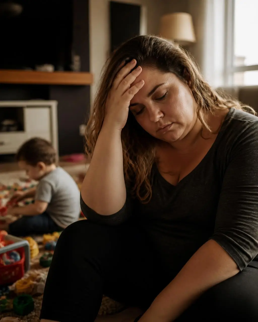 Mãe cansada em casa com criança ao fundo, sem tempo para si