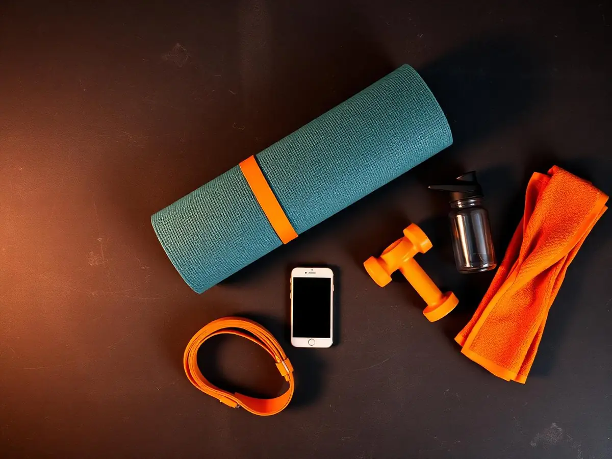 Kit simples de treino em casa: tapete, elástico, halter e garrafa