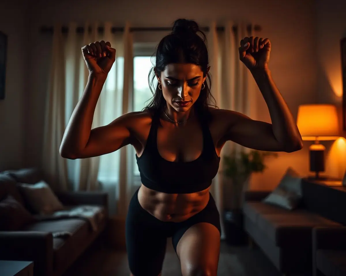 Mulher treinando em casa com foco e determinação